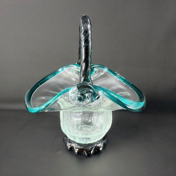 Hand Blown Glass Basket Bowl With Dark Green Edges Handle And Clear Center VTG - Picture 2 of 15
